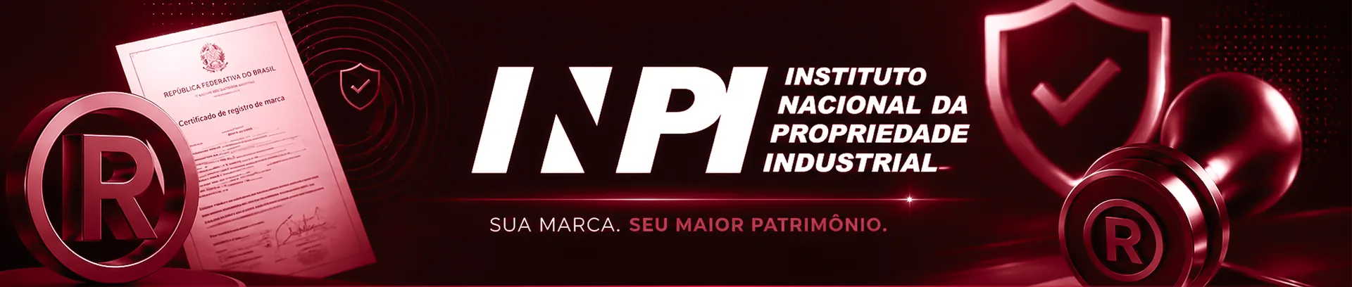 Selo do INPI com certificado de registro de marca, escudo de verificação e símbolos de marca registrada