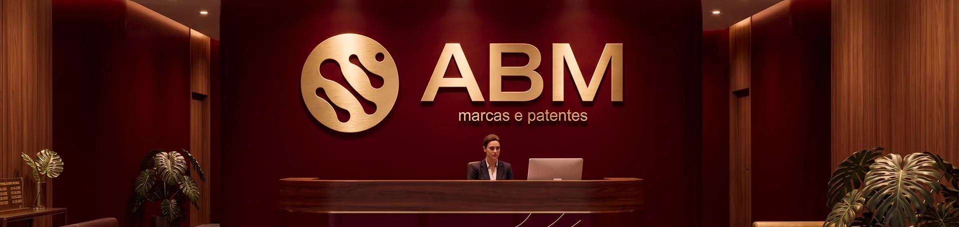 Recepção do escritório da ABM Marcas e Patentes com o logotipo dourado na parede e atendente no balcão